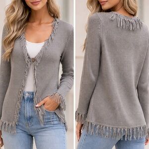 LouLou Fringe Trim Knit Cardigan – Size Large – Boho Gray Sweater